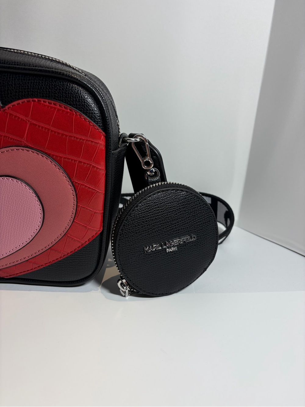 Karl Lagerfeld Black Crossbody with Red, Rose and Pink Heart Motif - Picture 3 of 16
